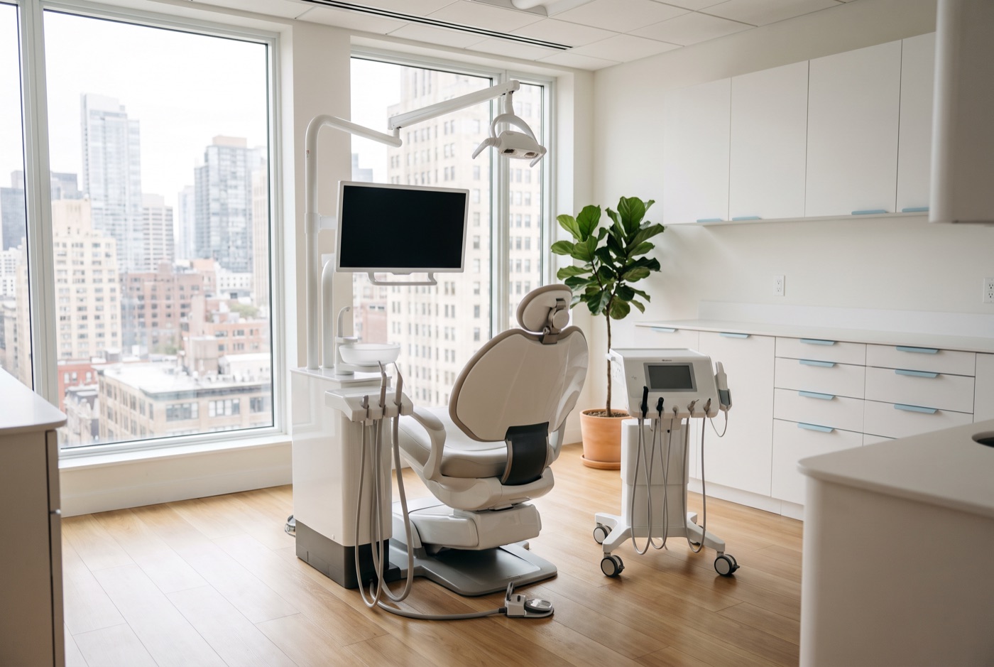 Consultorio de la clínica con escáner intraoral y unidad odontológica